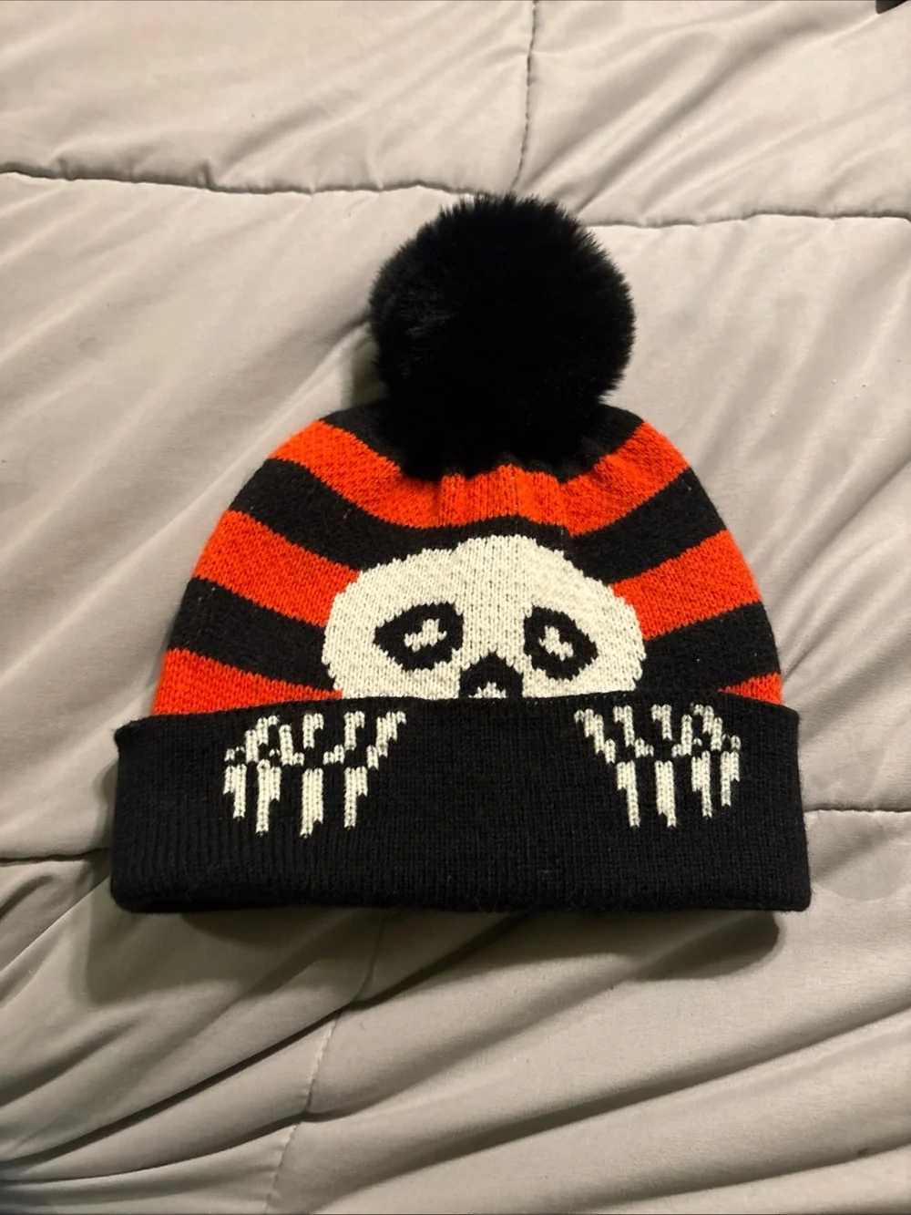 Black & Orange Pom Pom Skull Beanie